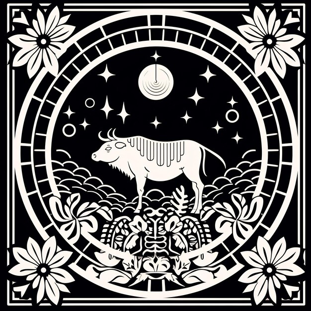 a cow is shown with a moon and stars in the background.