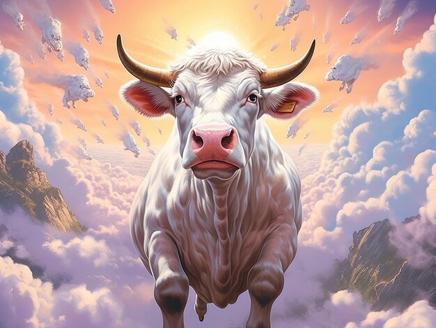 a cow is in the sky with clouds and the sun behind it