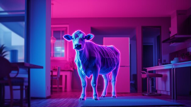 Photo a cow is standing in the bedroom illustration generated ai photo