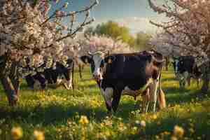 Photo a cow is standing in a field of flowers with the words  cows  on it