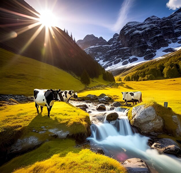 A cow is standing in a field next to a stream with a mountain in the background