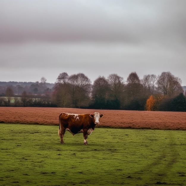 Корова стоит в поле на фоне поля.