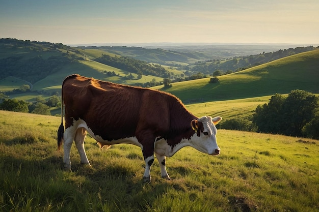 背景に丘がある畑に牛が立っています