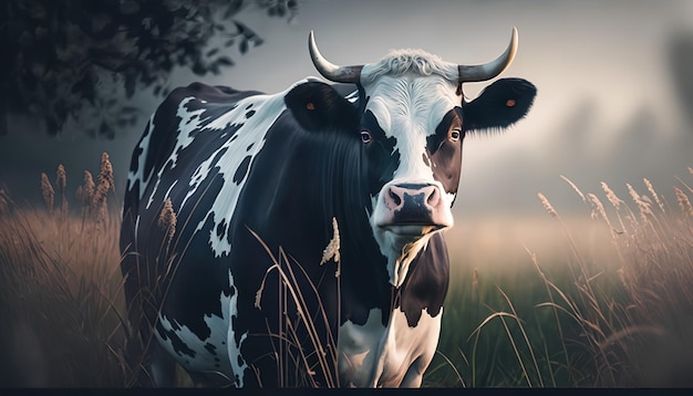 A cow is standing in a field with the word cow on it.