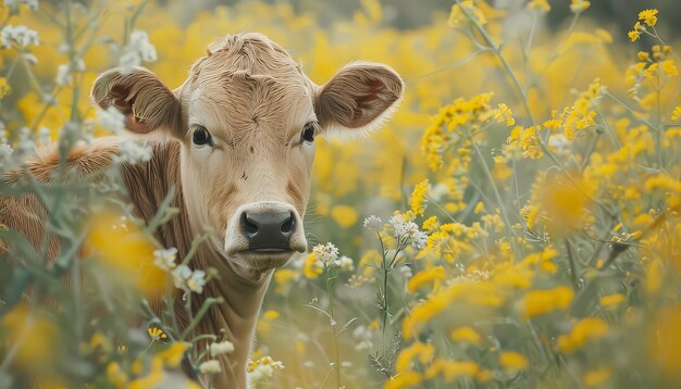 Photo a cow is standing in a field of yellow flowers