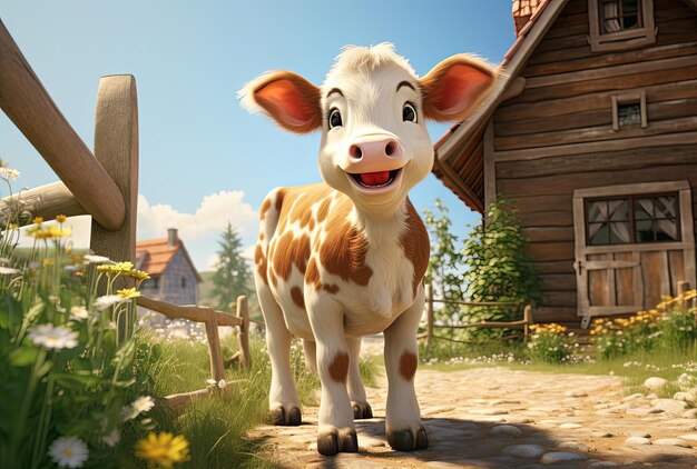 a cow is standing in front of a house in the style of rendered in cinema4d