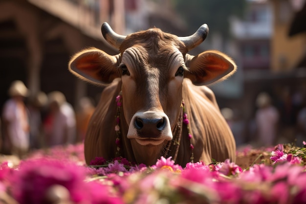 a cow is standing in the middle of a field of flowers