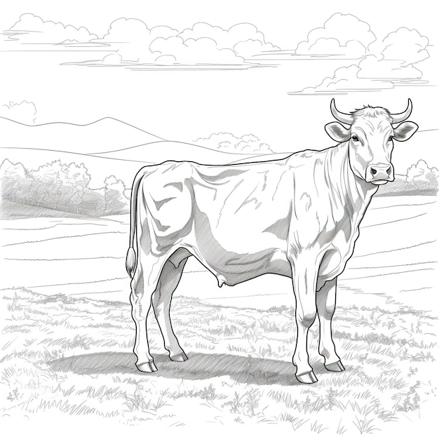 Photo cow line art with farm background outline of cow