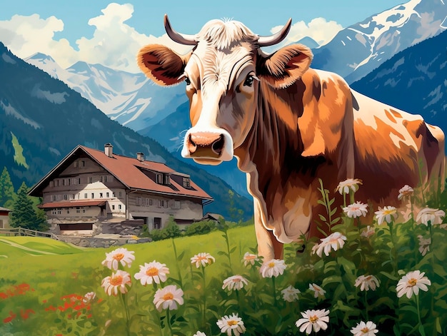 Cow on a meadow with chamomiles and old wooden house