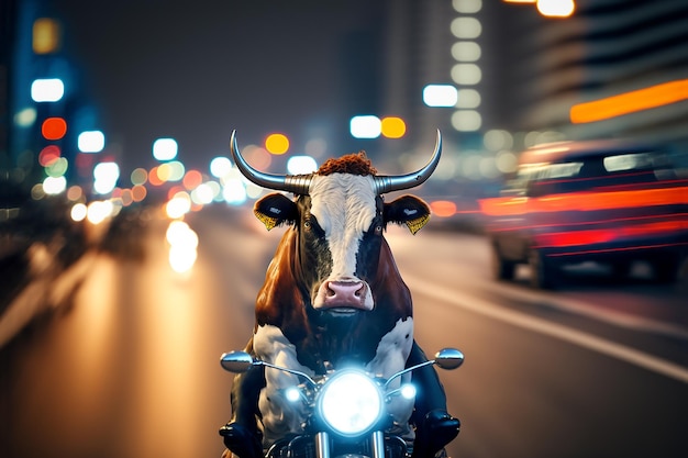 A cow on a motorcycle is speeding through the night streets of big city between cars Generative AI