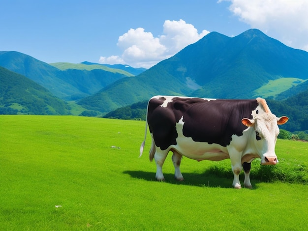 The cow in the mountains on green grass near farm house