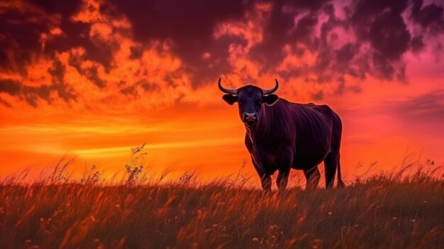Cow on pink and orange sunset close up generative ai