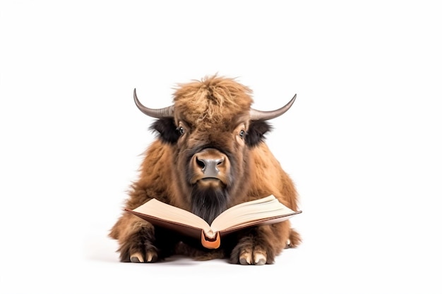 a cow reading a book