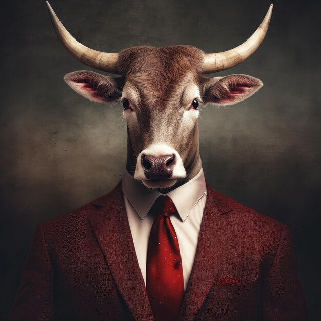 Cow in a red suit and red tie over dark grey background