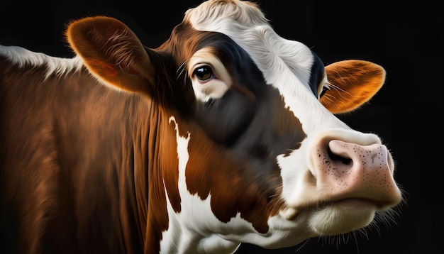 A cow's face is shown against a black background.
