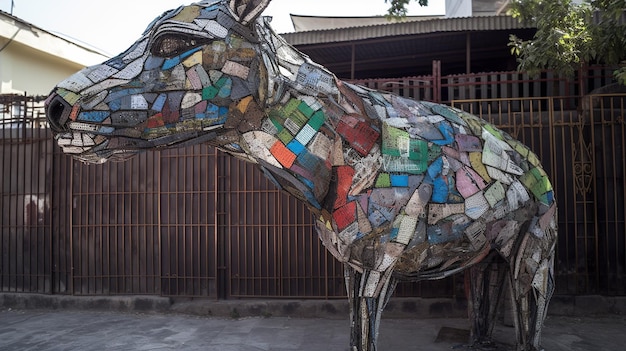 A cow shaped mosaic sculpture made from recycled materials stands in front of a rustic fence