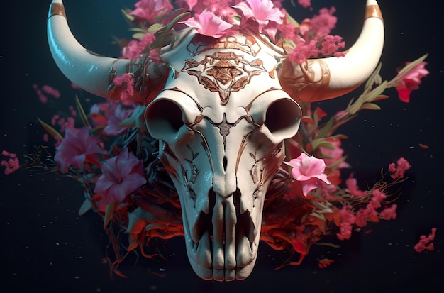 A cow skull with flowers on it's head Generative AI image