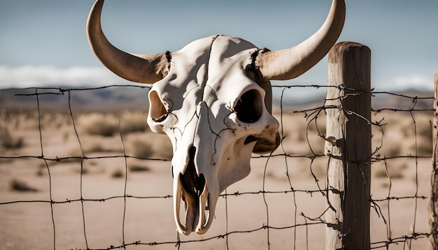 a cow skull with horns sticking out of a fence