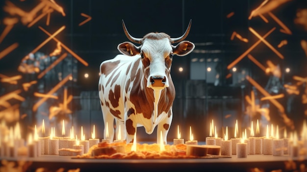 Cow smelling a tray of burgers and fries Generative Ai