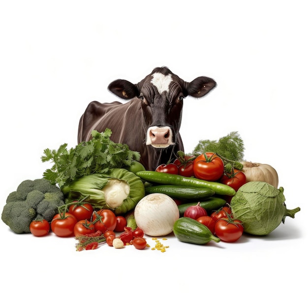 A cow and some vegetables