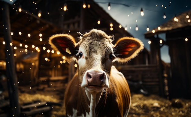 A cow standing on a farm table A brown and white cow standing in front of a barn