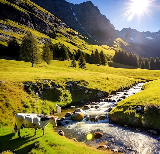 A cow stands in a field in front of a mountain stream.