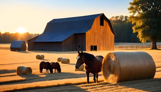 Photo a cow stands in front of a barn with hay bales