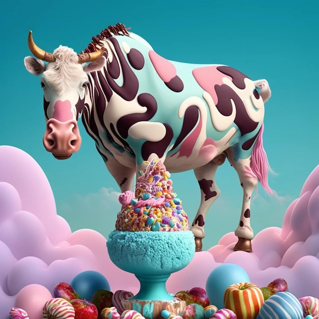 A cow stands in front of a colorful dessert.