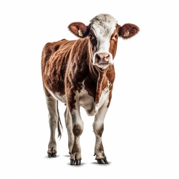 A cow stands in front of a white background.