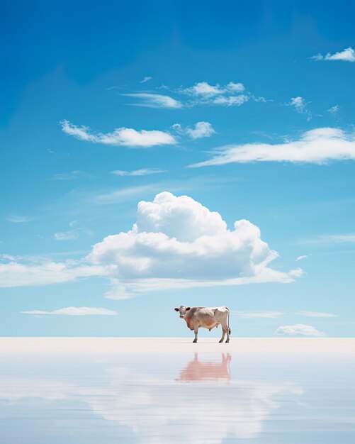 A cow stands on a frozen lake with clouds in the sky