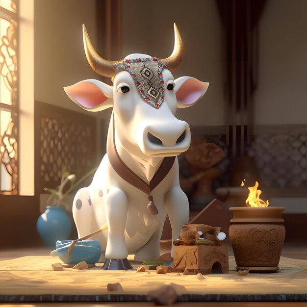 A cow statue is sitting in front of a pot and a brick pot