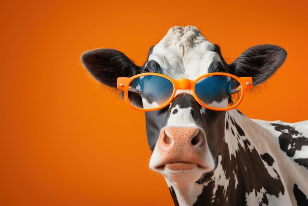 Cow in sunglasses on a orange background