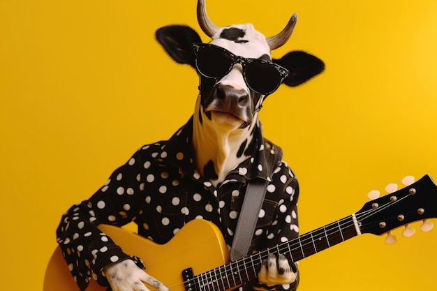 Cow in sunglasses and shirt playing guitar on yellow background guitarist cow