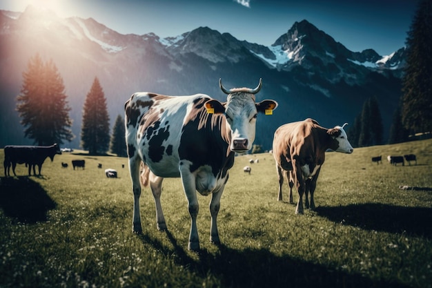 Cow on Sunny Meadow Illustration AI Generative