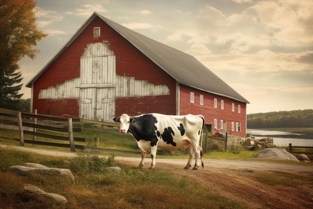 Cow swishing tail with a picturesque barn in the background created with generative ai