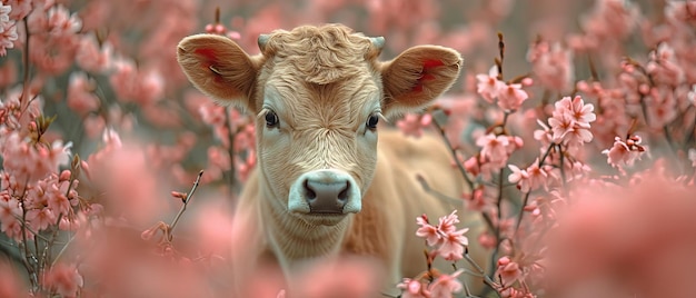 Photo a cow that is standing in a field of flowers