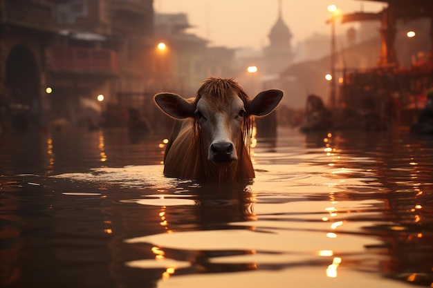 a cow that is in the water