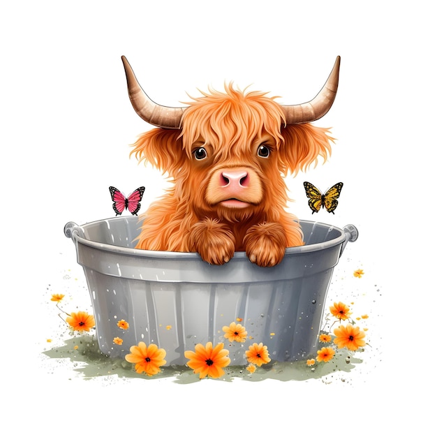 A cow in a tub with flowers and butterflies