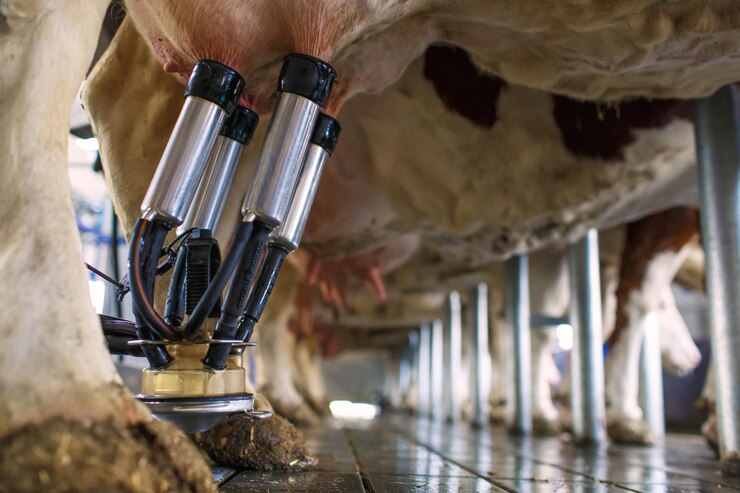 Photo cow udder closeup with milking machine cow farm