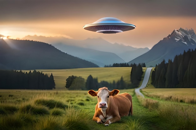 Cow and ufo above a field with mountains in the background