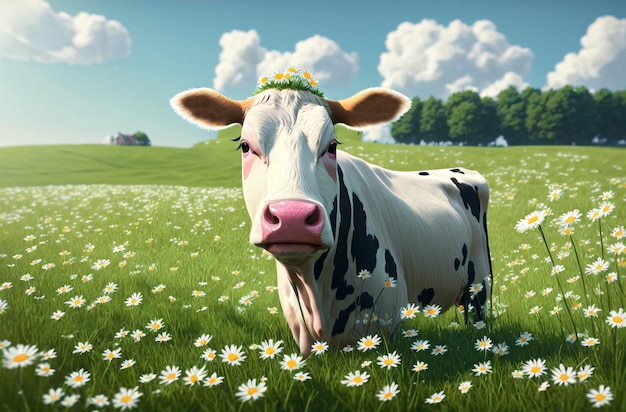 A cow on a walk in a field with daisies on a clear summer day