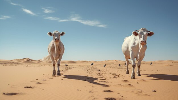 Foto vacca che cammina nel deserto, campo di sabbia, fotografia di paesaggio, immagine generata dall'ia