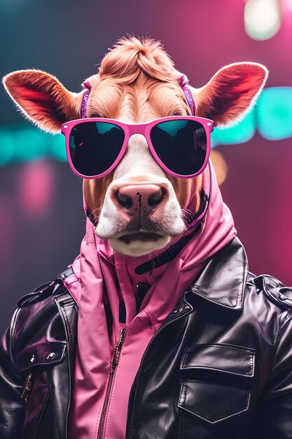 Photo a cow wearing a bright orange suit and sunglasses