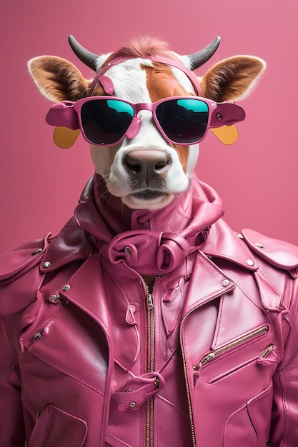A cow wearing a bright orange suit and sunglasses