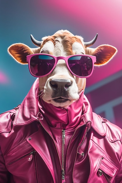 A cow wearing a bright orange suit and sunglasses
