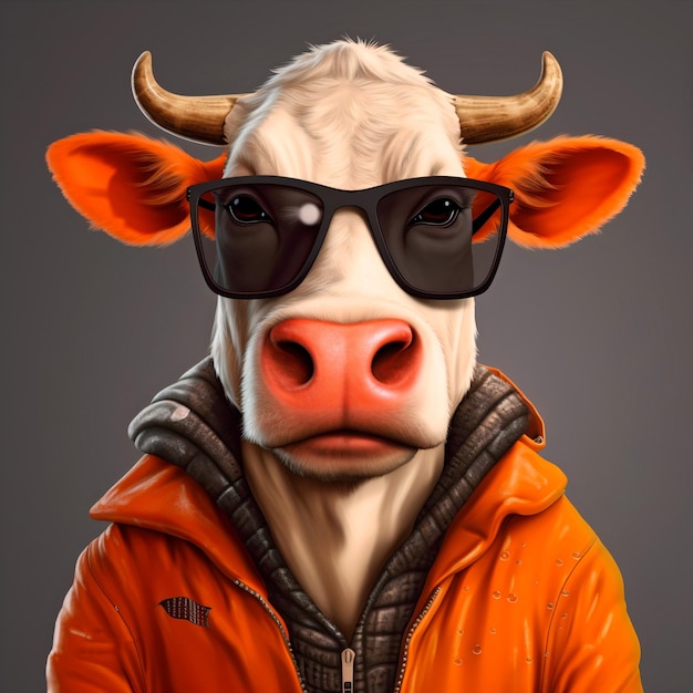 A cow wearing a jacket and sunglasses is wearing a jacket that says'i love you '