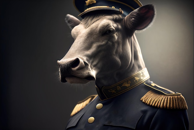 A cow wearing a military uniform with the number 7 on it.