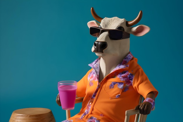 A cow wearing an orange swimsuit and sunglasses sits in a chair with a glass of pink liquid