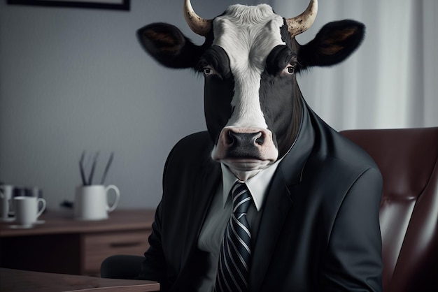 A cow wearing a suit is sitting in front of a desk with a mug on it.