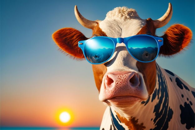 A cow wearing sunglasses and a blue and white cow wearing sunglasses.